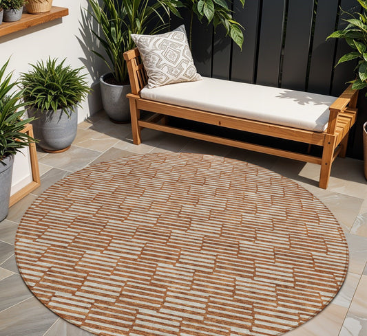 Tabselect Home Line 8' Copper And Beige Round Geometric Washable Indoor Outdoor Area Rug