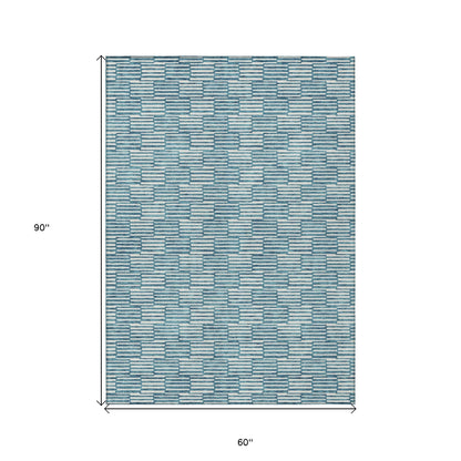 Tabselect Home Line 5' X 8' Teal Blue And Ivory Geometric Washable Indoor Outdoor Area Rug