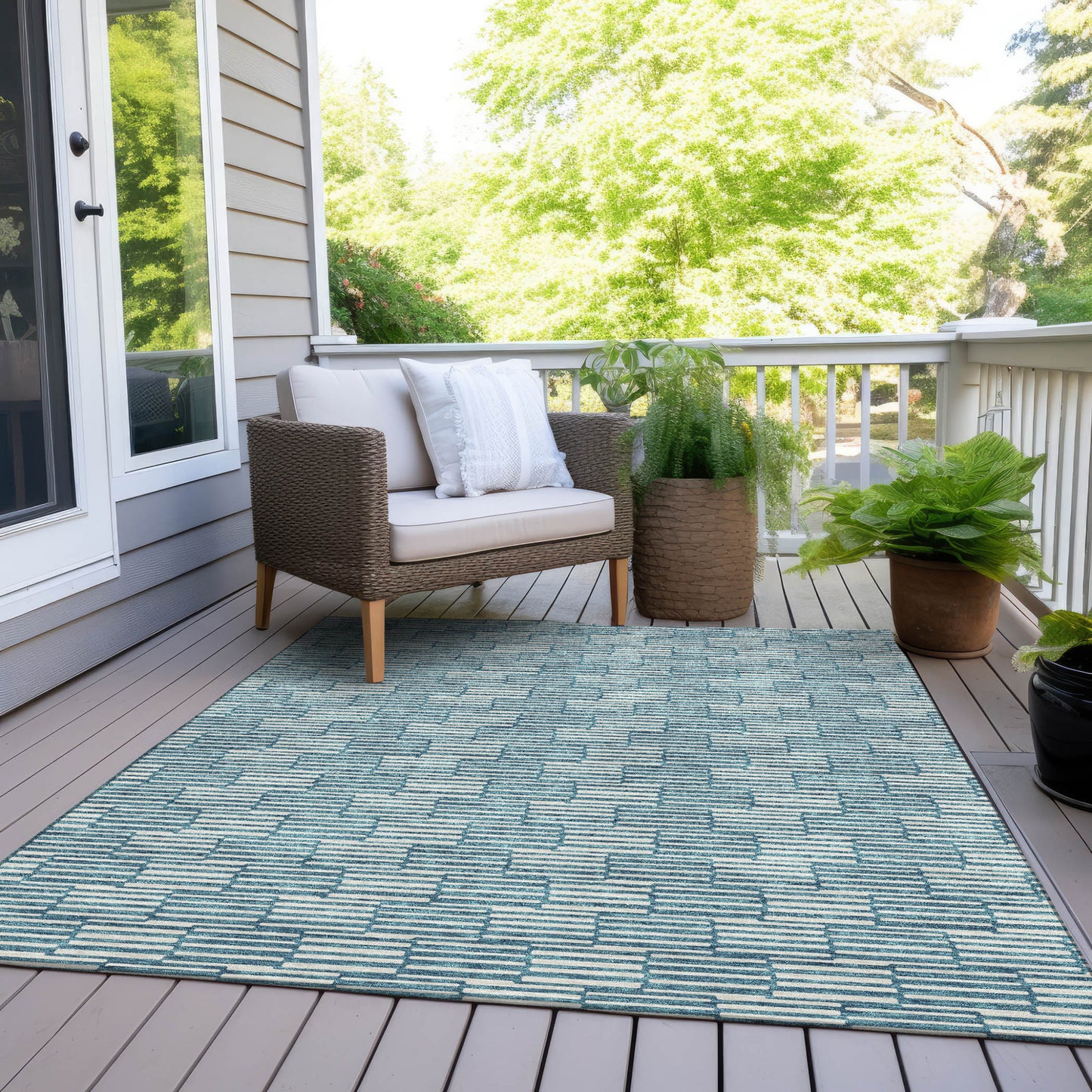 Tabselect Home Line 5' X 8' Teal Blue And Ivory Geometric Washable Indoor Outdoor Area Rug