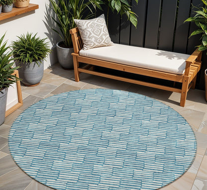 Tabselect Home Line 8' Teal Blue And Ivory Round Geometric Washable Indoor Outdoor Area Rug