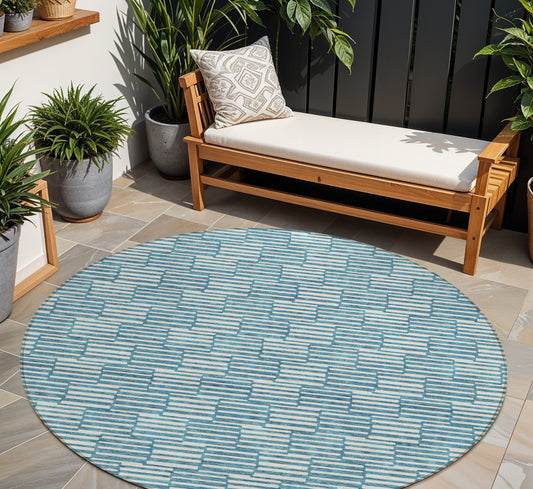 Tabselect Home Line 8' Teal Blue And Ivory Round Geometric Washable Indoor Outdoor Area Rug