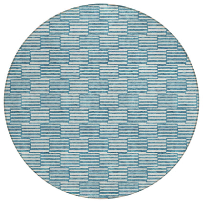 Tabselect Home Line 8' Teal Blue And Ivory Round Geometric Washable Indoor Outdoor Area Rug