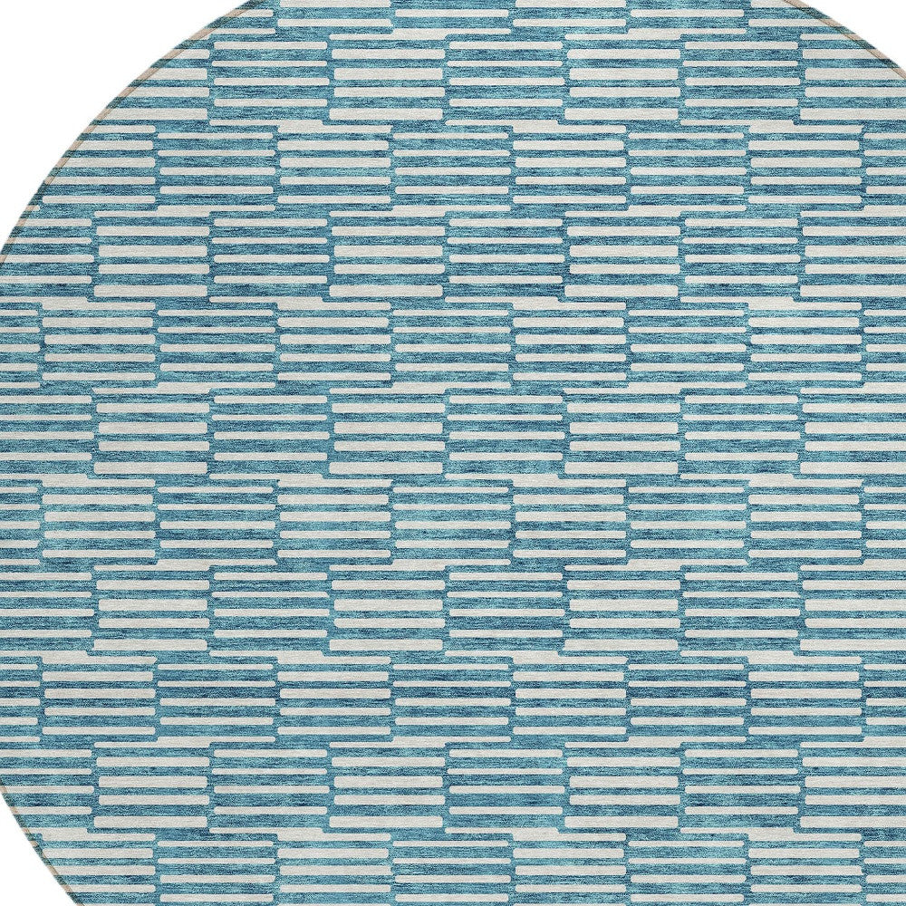 Tabselect Home Line 8' Teal Blue And Ivory Round Geometric Washable Indoor Outdoor Area Rug