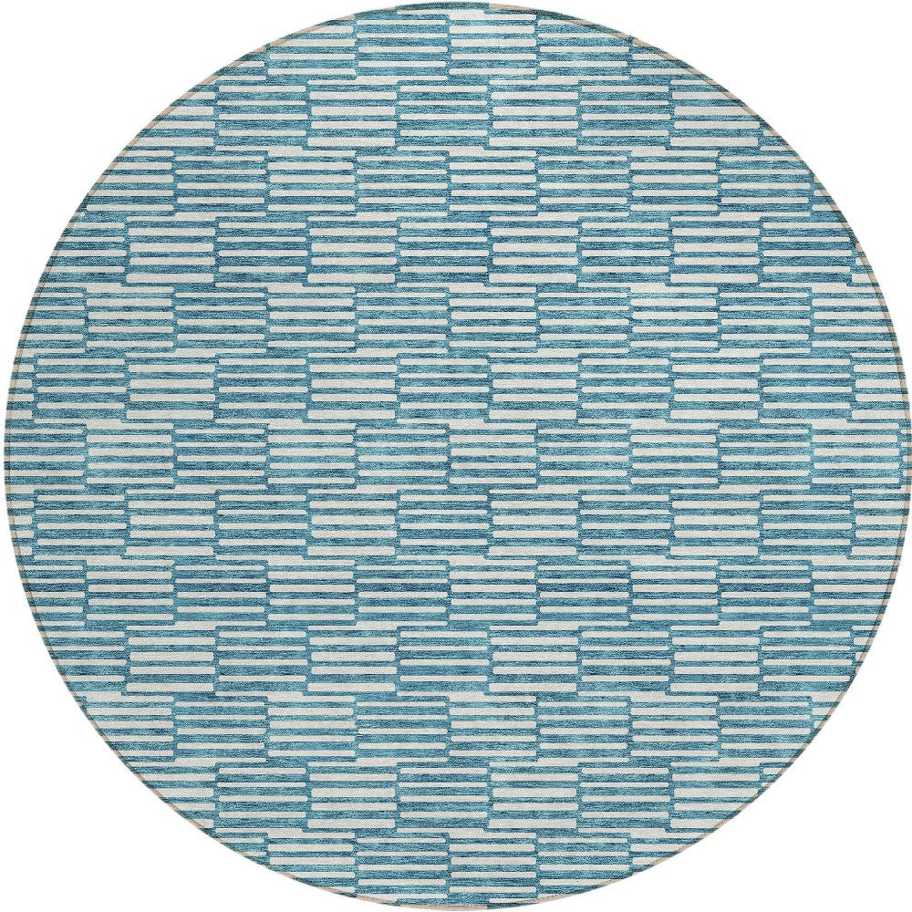 Tabselect Home Line 8' Teal Blue And Ivory Round Geometric Washable Indoor Outdoor Area Rug