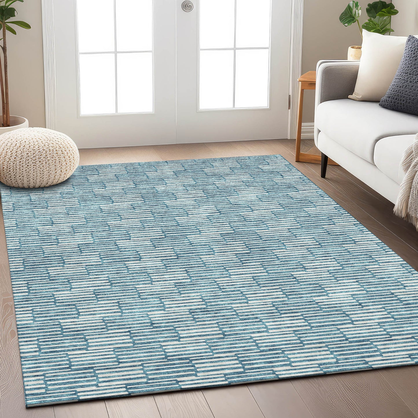 Tabselect Home Line 8' X 10' Teal Blue And Ivory Geometric Washable Indoor Outdoor Area Rug