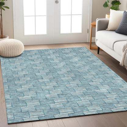 Tabselect Home Line 8' X 10' Teal Blue And Ivory Geometric Washable Indoor Outdoor Area Rug