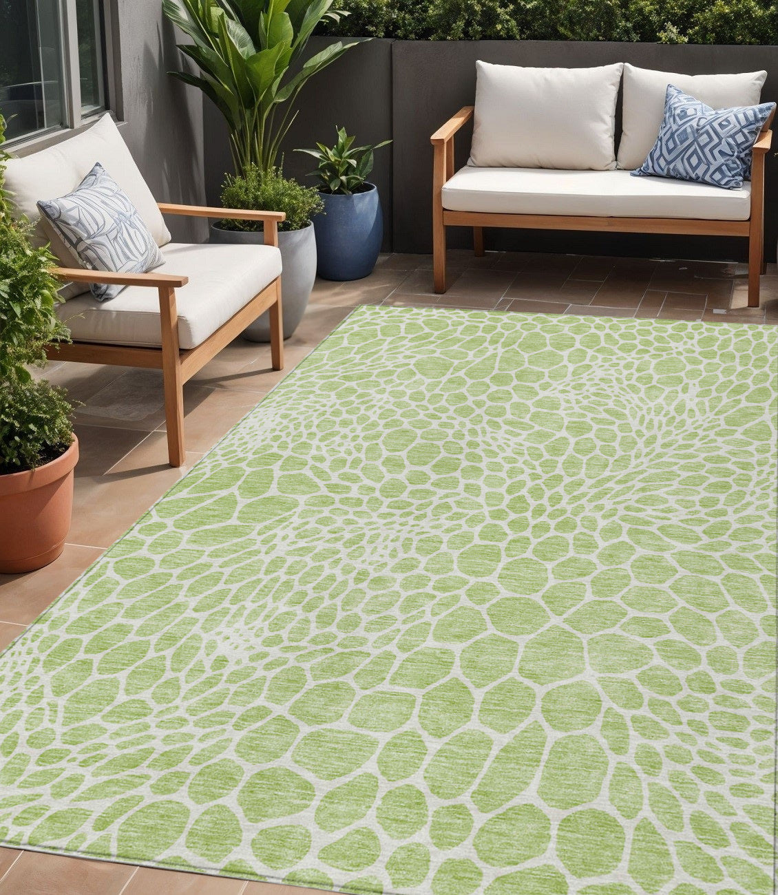 Tabselect Home Line 5' X 8' Artichoke Green And Ivory Geometric Washable Indoor Outdoor Area Rug