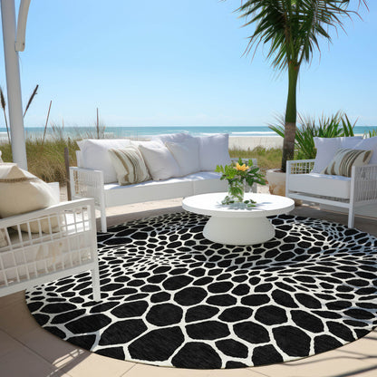 Tabselect Home Line 8' Black And Ivory Round Geometric Washable Indoor Outdoor Area Rug