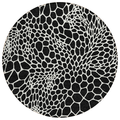 Tabselect Home Line 8' Black And Ivory Round Geometric Washable Indoor Outdoor Area Rug