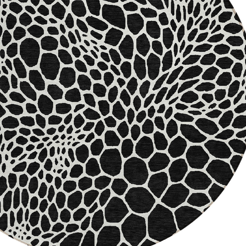 Tabselect Home Line 8' Black And Ivory Round Geometric Washable Indoor Outdoor Area Rug