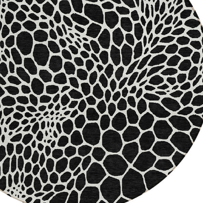 Tabselect Home Line 8' Black And Ivory Round Geometric Washable Indoor Outdoor Area Rug