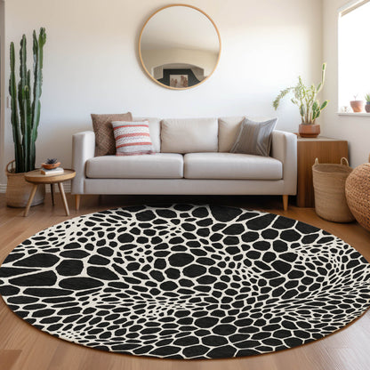 Tabselect Home Line 8' Black And Ivory Round Geometric Washable Indoor Outdoor Area Rug