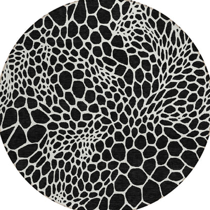 Tabselect Home Line 8' Black And Ivory Round Geometric Washable Indoor Outdoor Area Rug