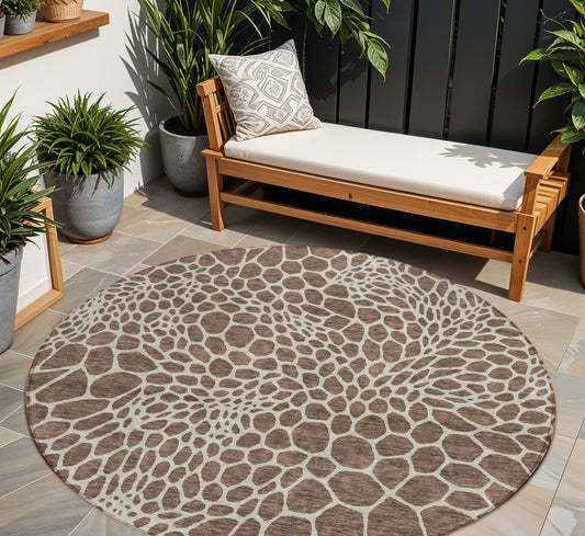 Tabselect Home Line 8' Brown And Beige Round Geometric Washable Indoor Outdoor Area Rug