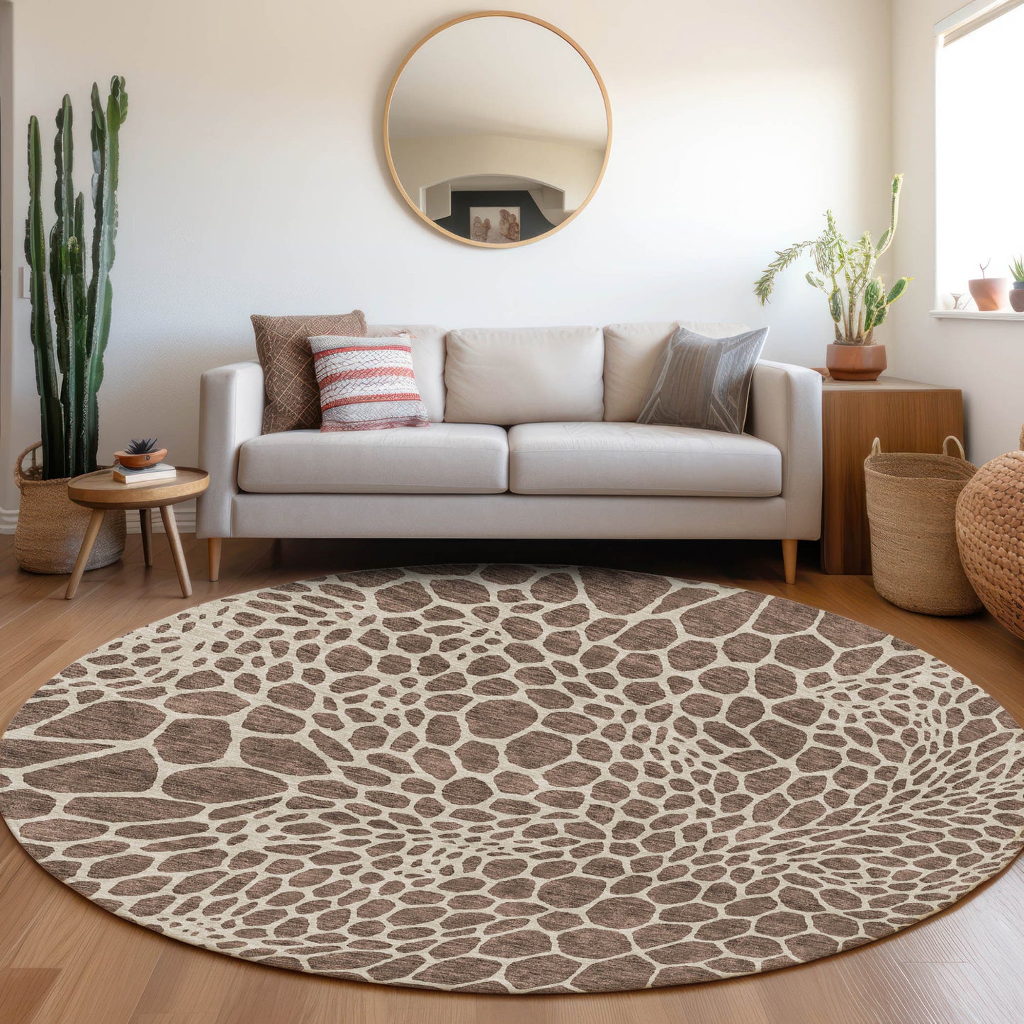 Tabselect Home Line 8' Brown And Beige Round Geometric Washable Indoor Outdoor Area Rug
