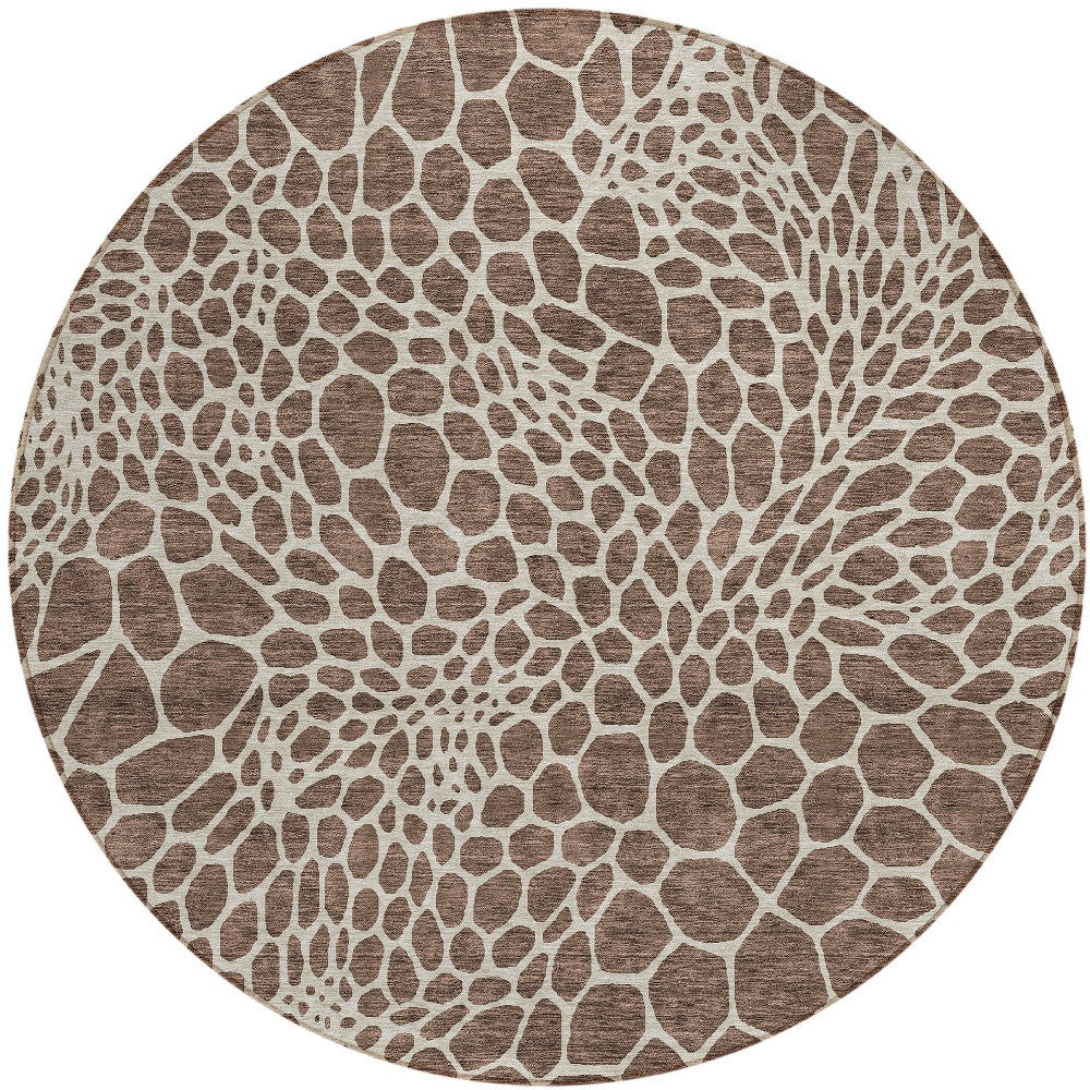 Tabselect Home Line 8' Brown And Beige Round Geometric Washable Indoor Outdoor Area Rug
