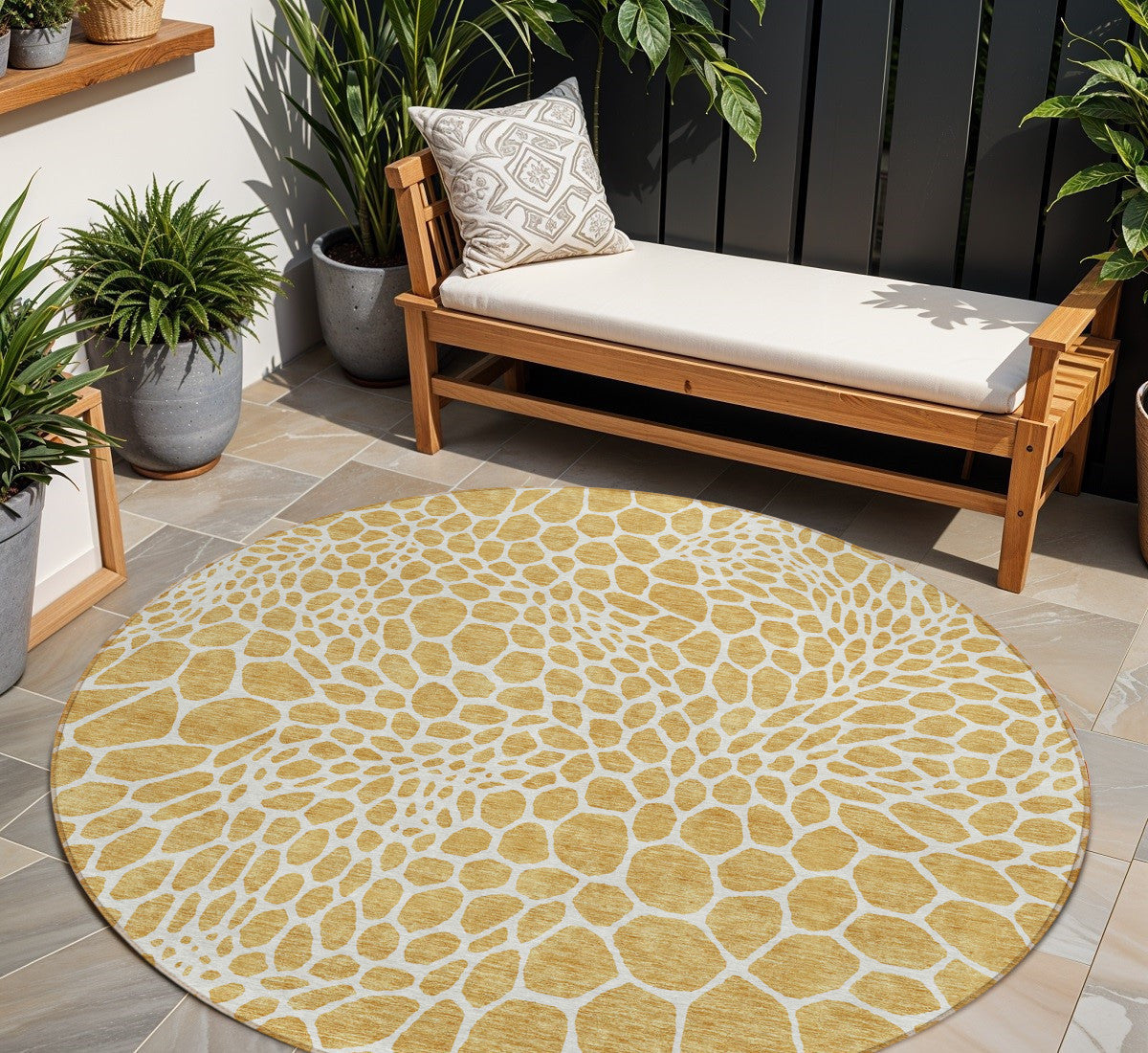 Tabselect Home Line 8' Gold And Ivory Round Geometric Washable Indoor Outdoor Area Rug