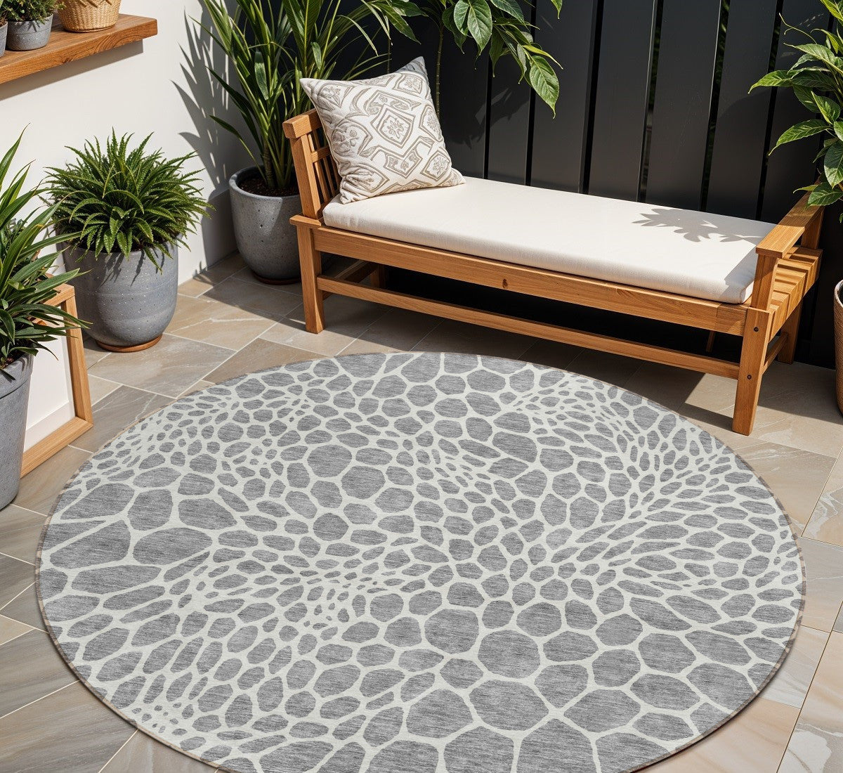 Tabselect Home Line 8' Gray And Ivory Round Geometric Washable Indoor Outdoor Area Rug