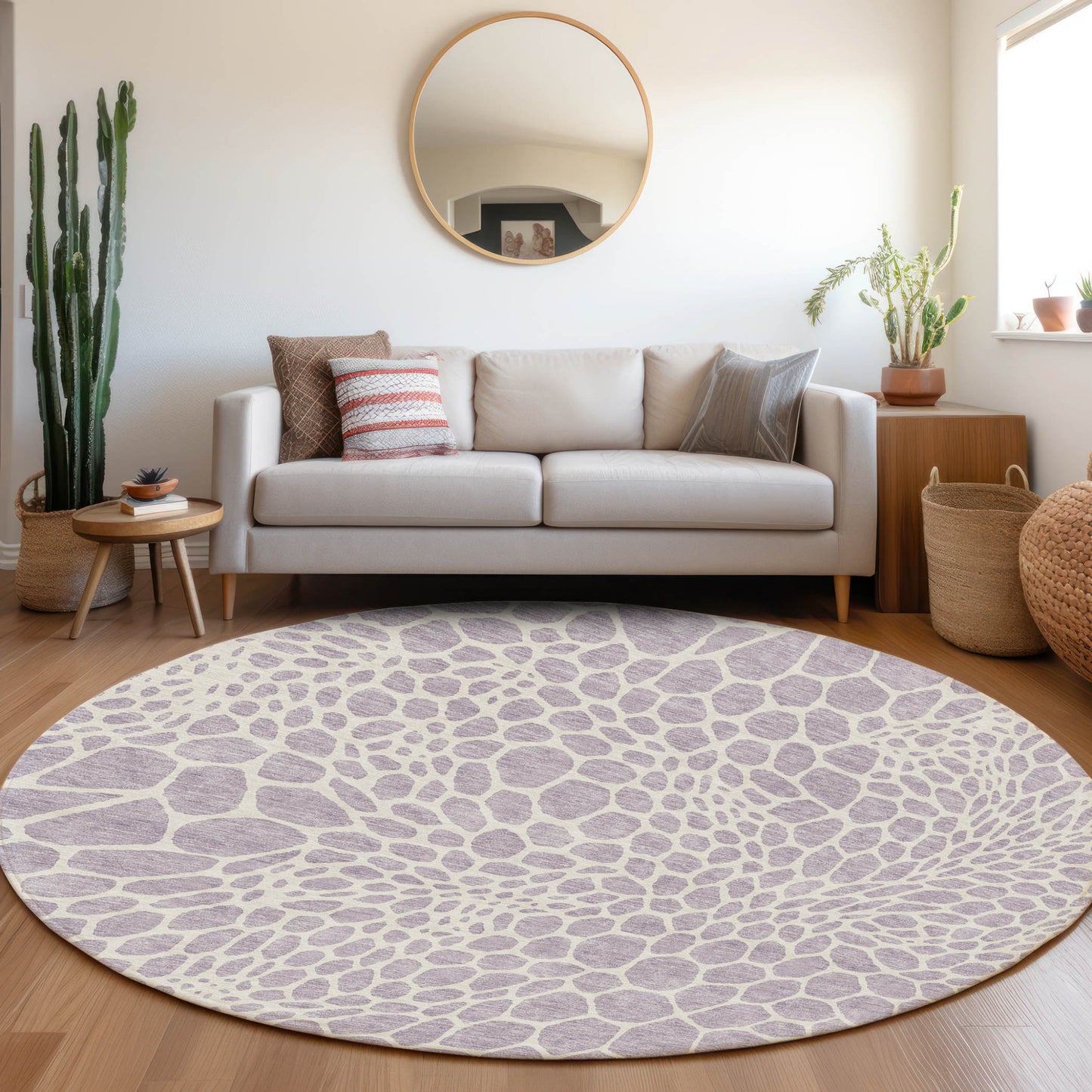 Tabselect Home Line 8' Lilac And Ivory Round Geometric Washable Indoor Outdoor Area Rug