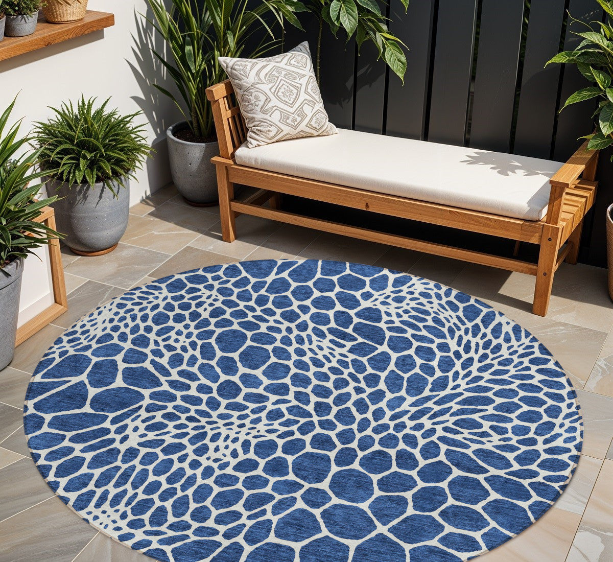 Tabselect Home Line 8' Navy Blue And Ivory Round Geometric Washable Indoor Outdoor Area Rug