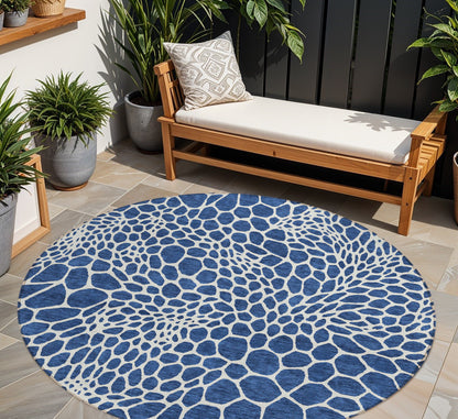 Tabselect Home Line 8' Navy Blue And Ivory Round Geometric Washable Indoor Outdoor Area Rug