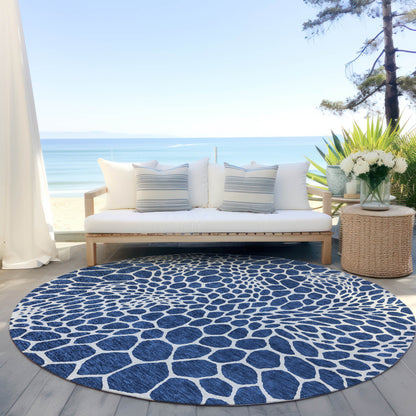 Tabselect Home Line 8' Navy Blue And Ivory Round Geometric Washable Indoor Outdoor Area Rug