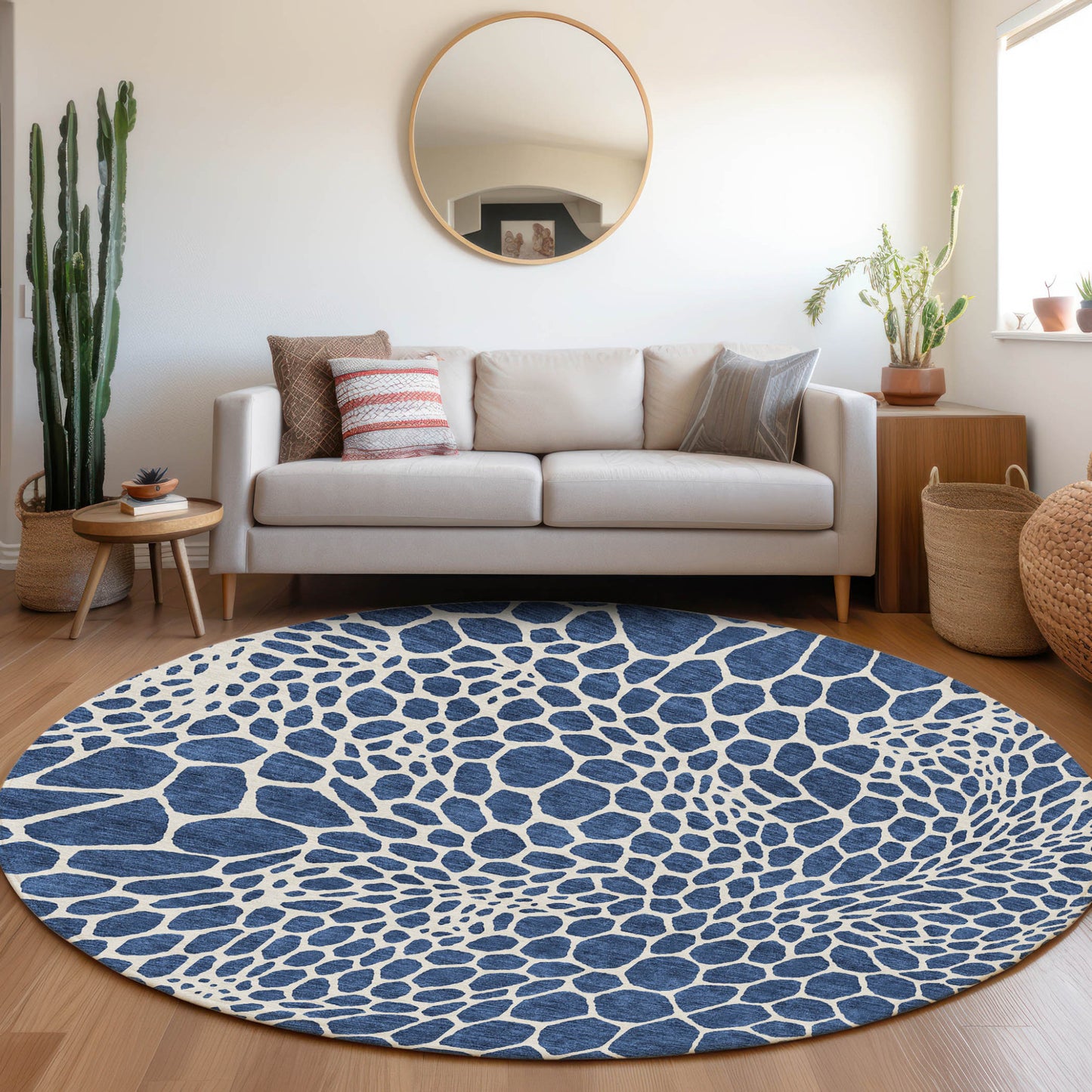 Tabselect Home Line 8' Navy Blue And Ivory Round Geometric Washable Indoor Outdoor Area Rug