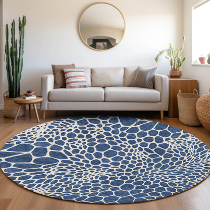 Tabselect Home Line 8' Navy Blue And Ivory Round Geometric Washable Indoor Outdoor Area Rug