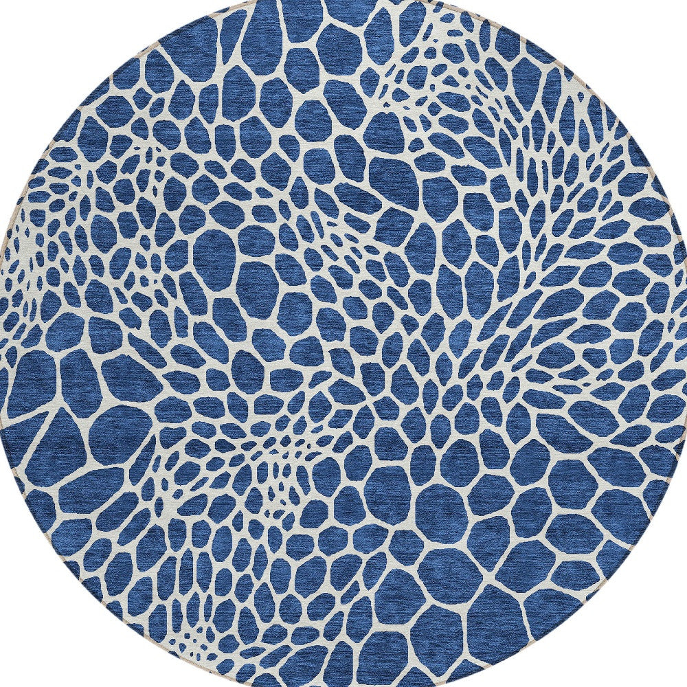 Tabselect Home Line 8' Navy Blue And Ivory Round Geometric Washable Indoor Outdoor Area Rug