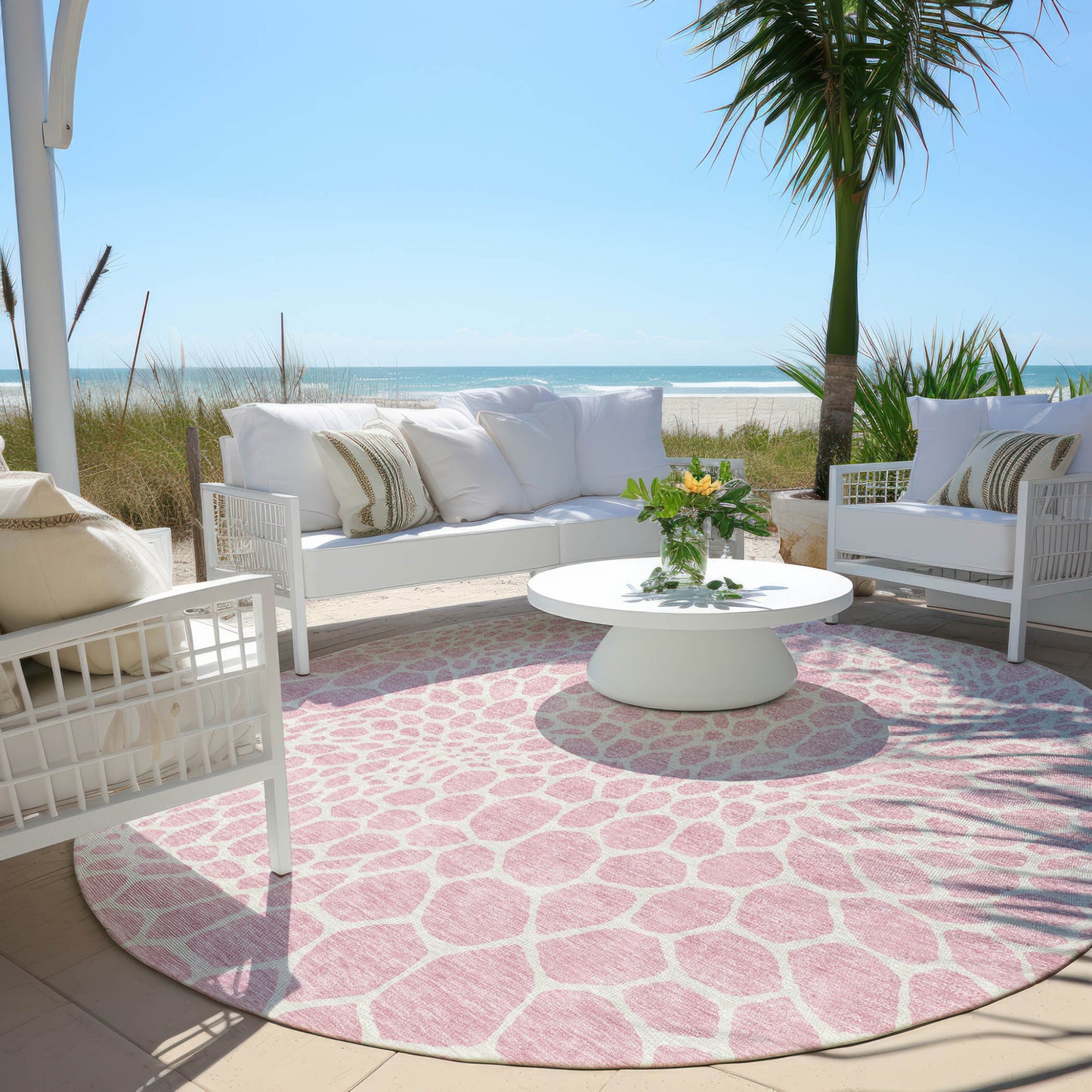 Tabselect Home Line 8' Pink And Ivory Round Geometric Washable Indoor Outdoor Area Rug