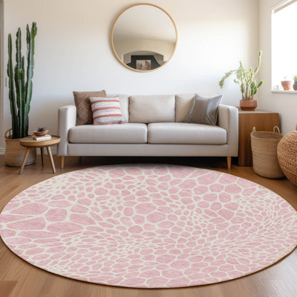 Tabselect Home Line 8' Pink And Ivory Round Geometric Washable Indoor Outdoor Area Rug