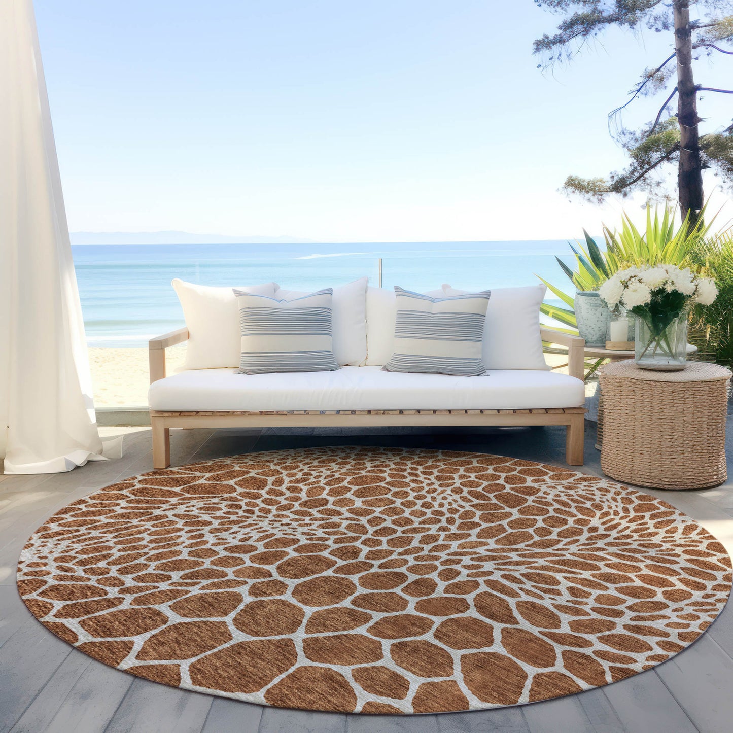 Tabselect Home Line 8' Brown And Beige Round Geometric Washable Indoor Outdoor Area Rug
