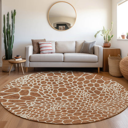 Tabselect Home Line 8' Brown And Beige Round Geometric Washable Indoor Outdoor Area Rug