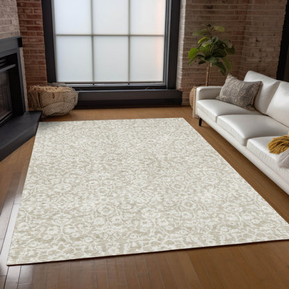 Tabselect Home Line 5' X 8' Beige And Ivory Damask Washable Indoor Outdoor Area Rug