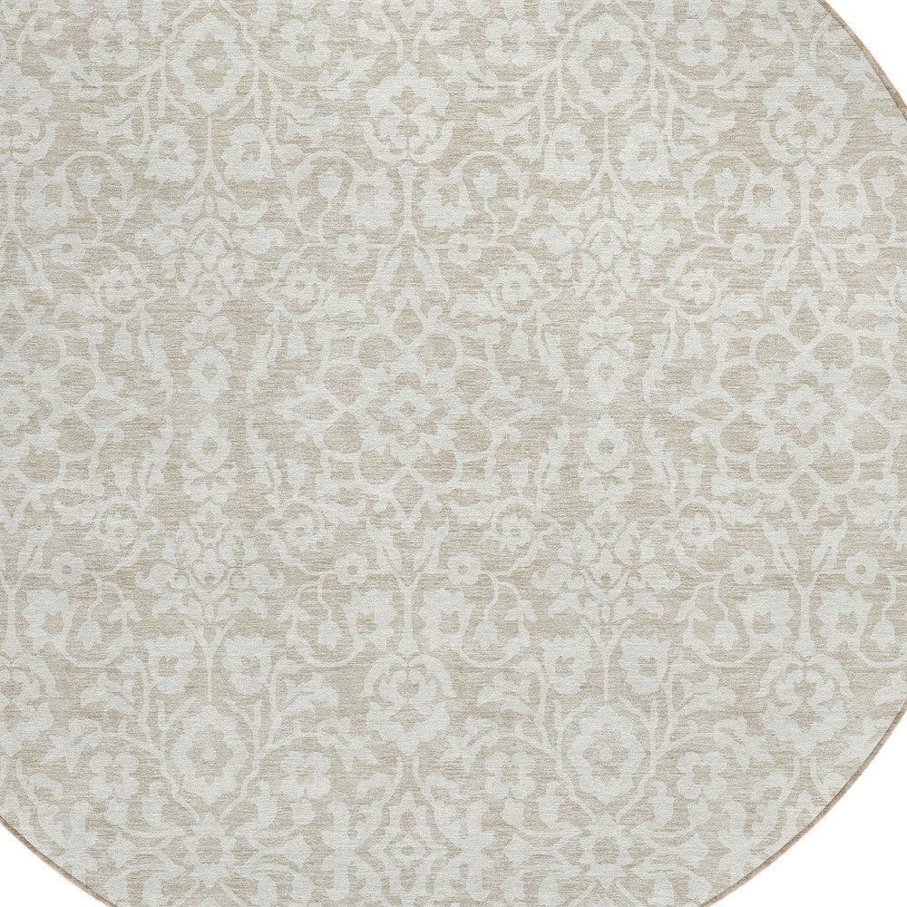 Tabselect Home Line 8' Beige And Ivory Round Damask Washable Indoor Outdoor Area Rug