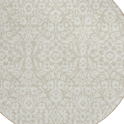 Tabselect Home Line 8' Beige And Ivory Round Damask Washable Indoor Outdoor Area Rug