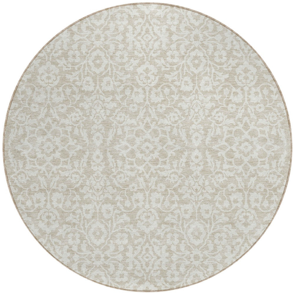 Tabselect Home Line 8' Beige And Ivory Round Damask Washable Indoor Outdoor Area Rug