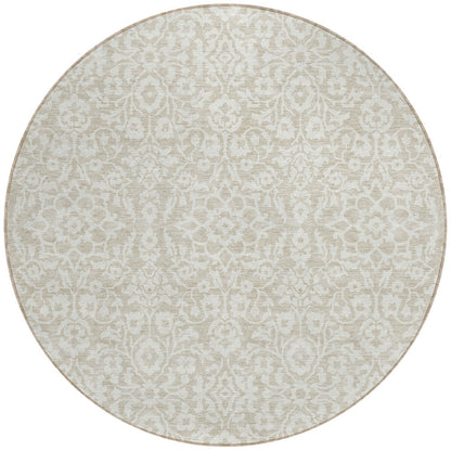 Tabselect Home Line 8' Beige And Ivory Round Damask Washable Indoor Outdoor Area Rug