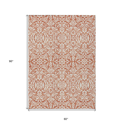 Tabselect Home Line 5' X 8' Coral And Ivory Damask Washable Indoor Outdoor Area Rug