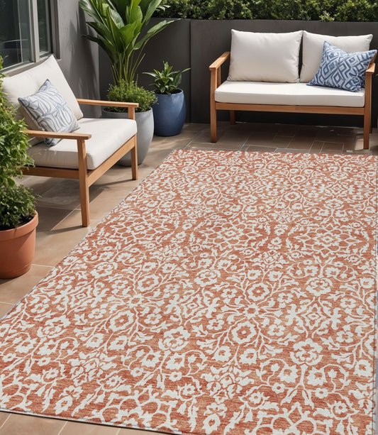 Tabselect Home Line 5' X 8' Coral And Ivory Damask Washable Indoor Outdoor Area Rug