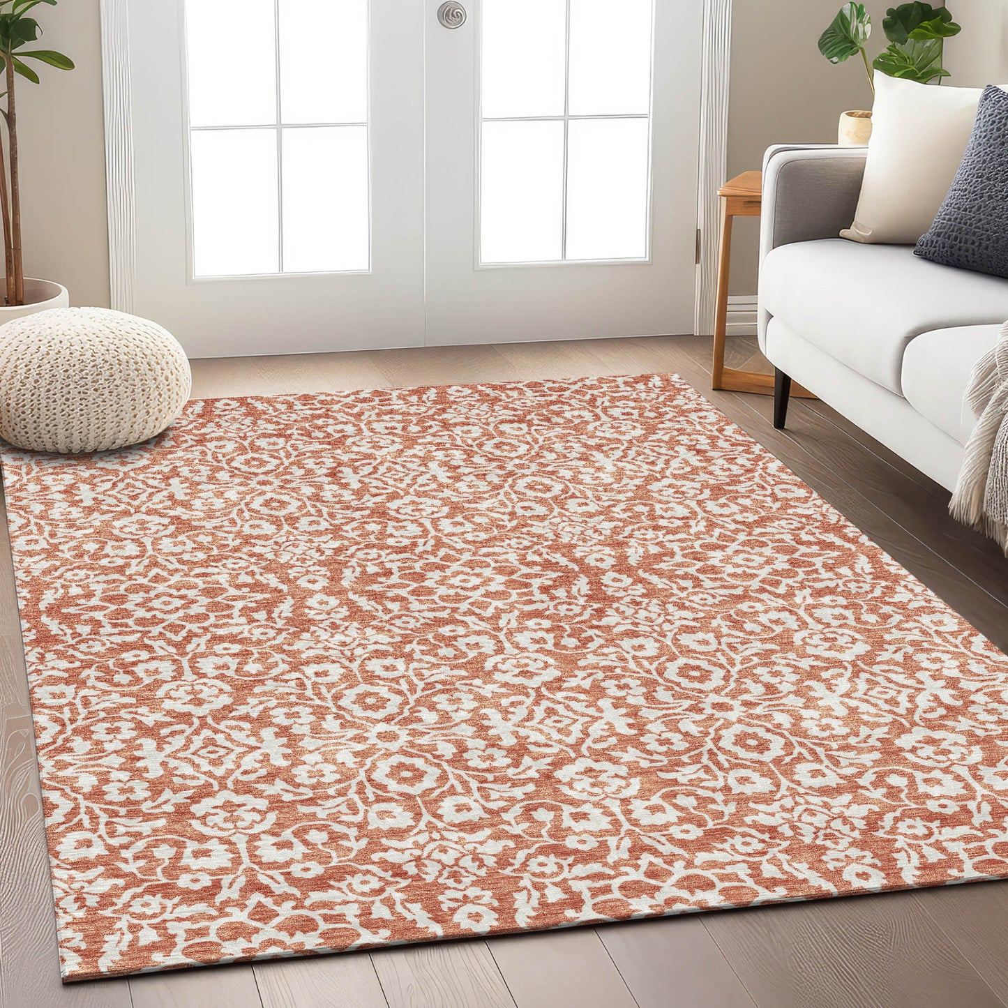 Tabselect Home Line 5' X 8' Coral And Ivory Damask Washable Indoor Outdoor Area Rug