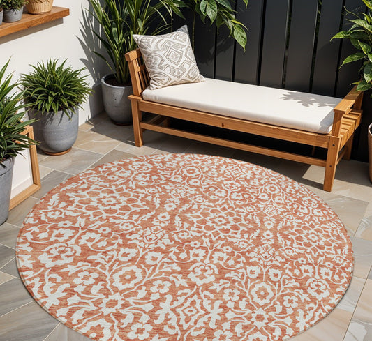 Tabselect Home Line 8' Coral And Ivory Round Damask Washable Indoor Outdoor Area Rug