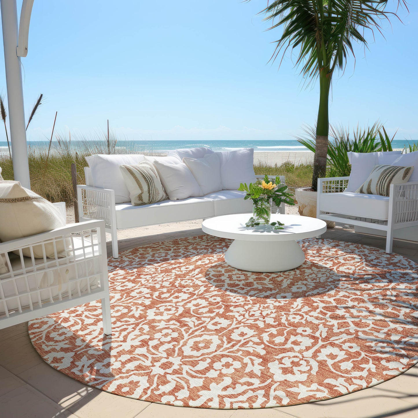 Tabselect Home Line 8' Coral And Ivory Round Damask Washable Indoor Outdoor Area Rug