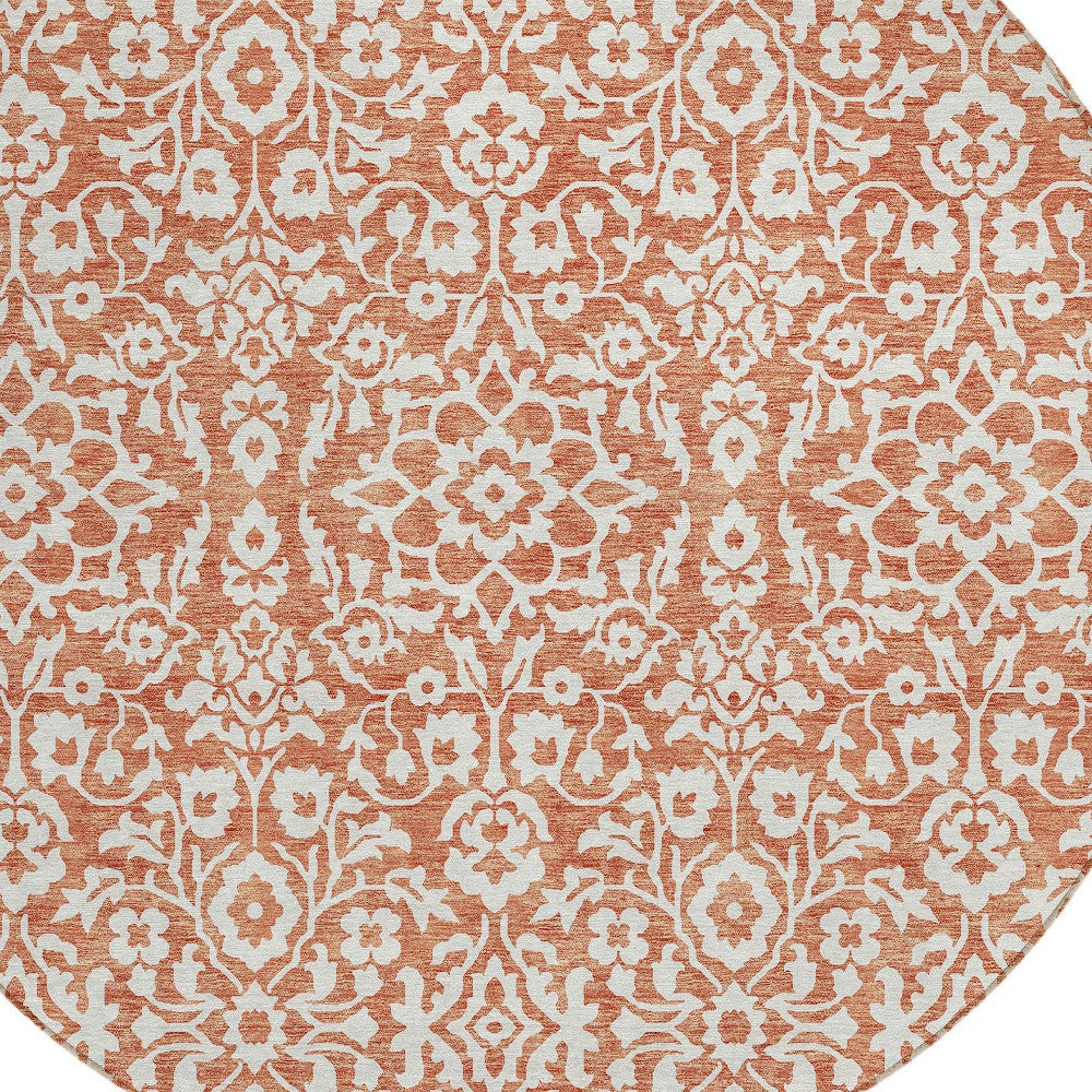 Tabselect Home Line 8' Coral And Ivory Round Damask Washable Indoor Outdoor Area Rug