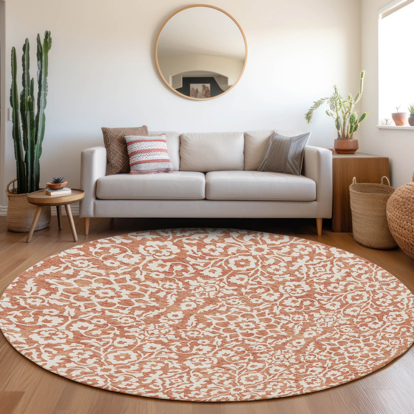 Tabselect Home Line 8' Coral And Ivory Round Damask Washable Indoor Outdoor Area Rug