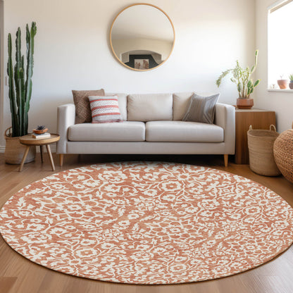 Tabselect Home Line 8' Coral And Ivory Round Damask Washable Indoor Outdoor Area Rug