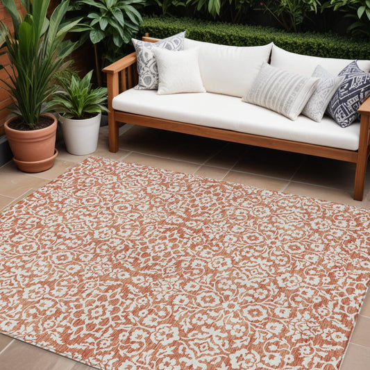 Tabselect Home Line 8' X 10' Coral And Ivory Damask Washable Indoor Outdoor Area Rug