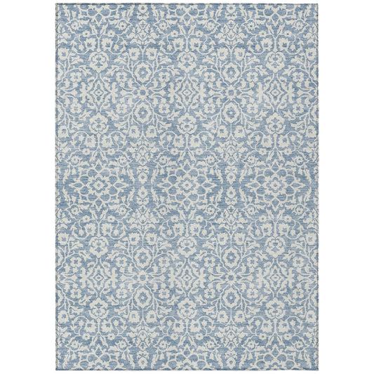 Tabselect Home Line 5' X 8' Denim Blue And Ivory Damask Washable Indoor Outdoor Area Rug