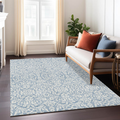 Tabselect Home Line 5' X 8' Denim Blue And Ivory Damask Washable Indoor Outdoor Area Rug