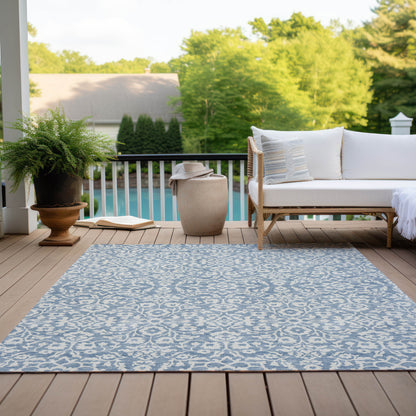 Tabselect Home Line 5' X 8' Denim Blue And Ivory Damask Washable Indoor Outdoor Area Rug